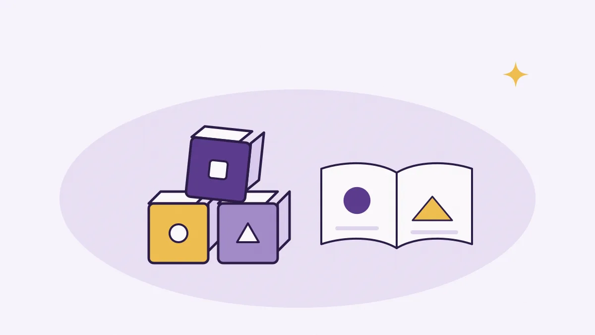 Trois cubes de jeu empilés et un livre d'images ouvert
