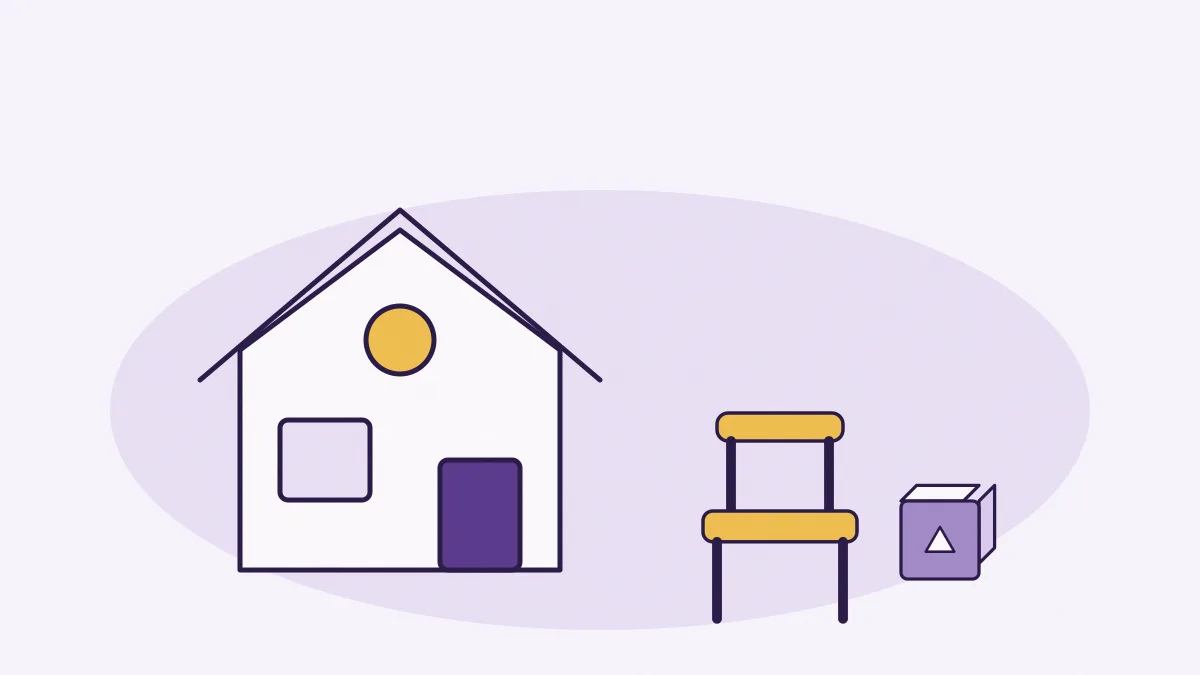 Une maison à fenêtre ronde, une chaise basse et un cube de jeu