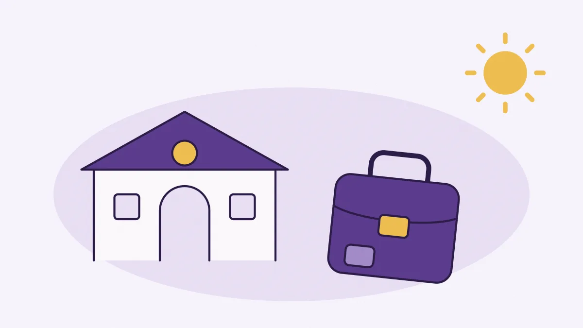 Une école au toit violet et un cartable posé devant