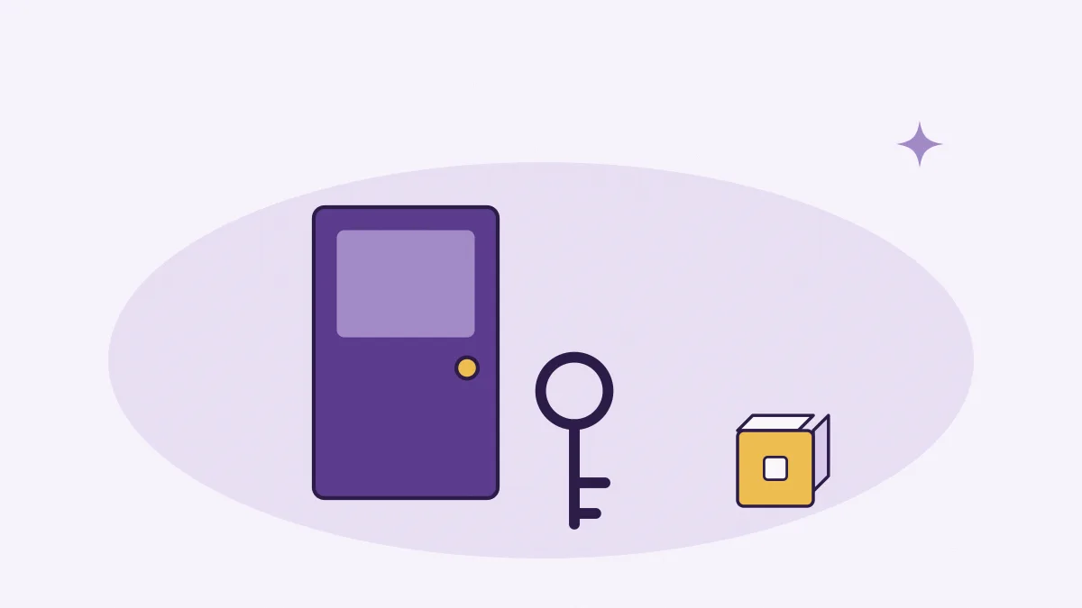 Une porte d'entrée violette, une clé et un cube de jeu